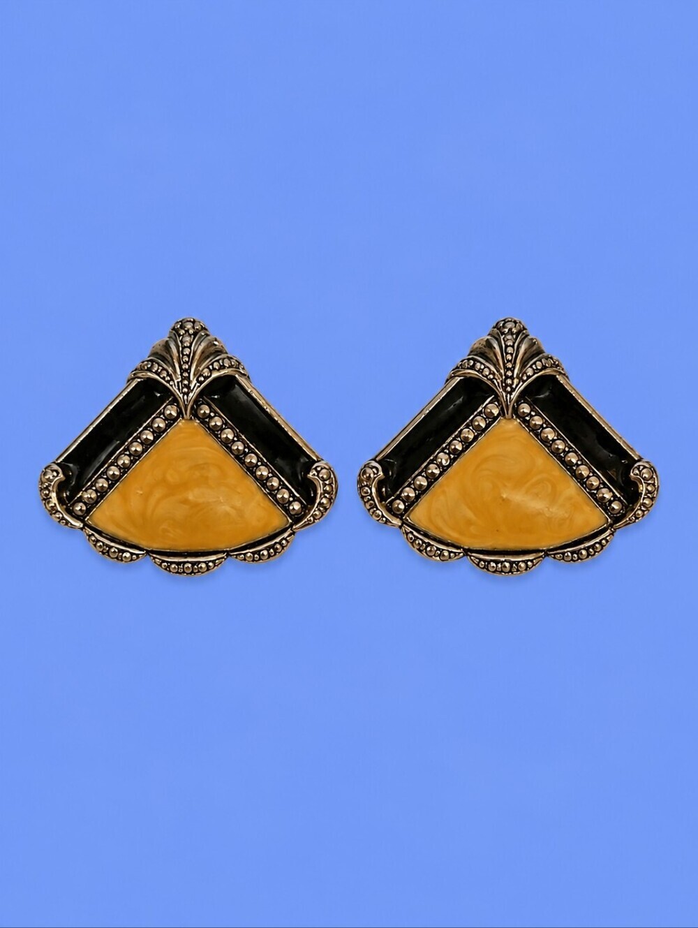 AVON Vintage 1989 Victorian Enamel Marchasite Fan Shape Earrings
